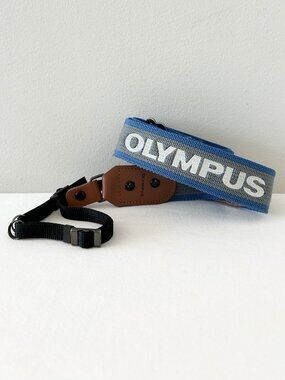 Vintage OLYMPUS Camera Neck Strap Gray Blue Brown Leather Tabs Adjustable 1970s